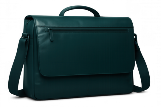 Teal leather messenger bag featuring adjustable shoulder strap, multiple zippered compartments, sleek professional design ideal for business settings