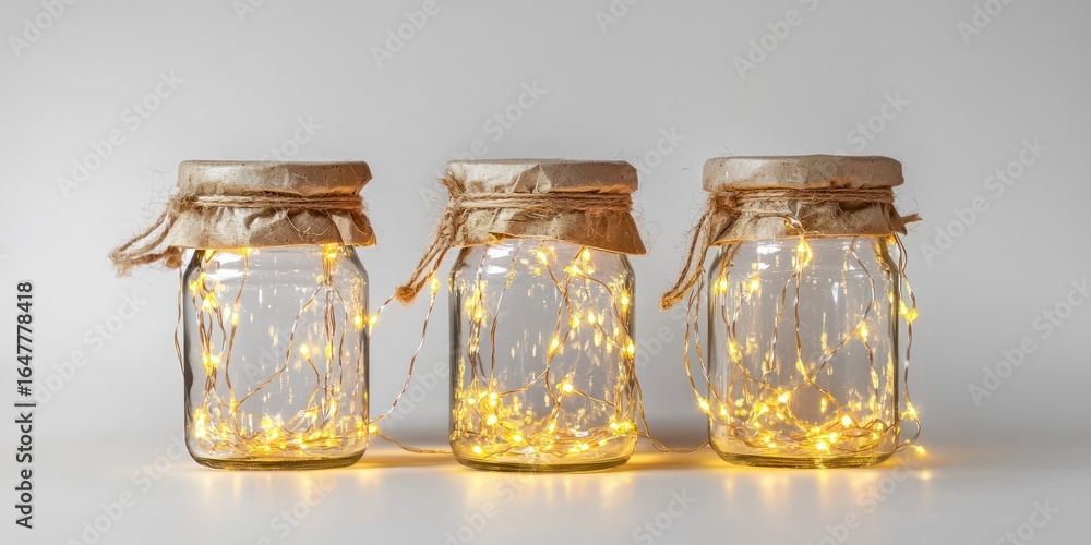Poster three glass jars with string lights inside, placed in a row on a white surface. the jars are tied wi