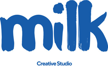 Bold Blue Milk Logo Design: Hand-Painted Brush Stroke Typography on White Background.
