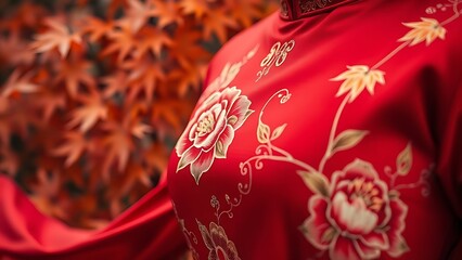 Traditional red silk cheongsam with peony embroidery, flowing gracefully with autumn maple leaves.