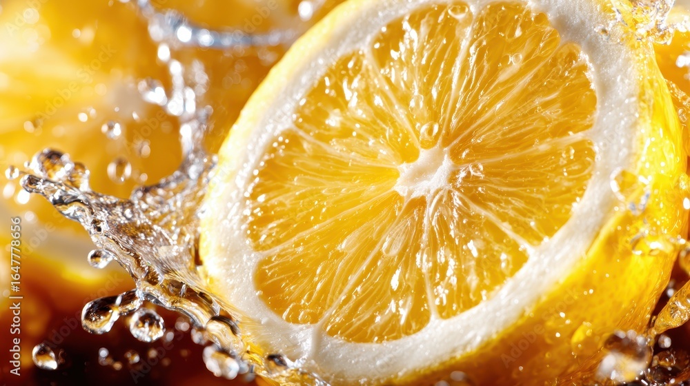 Poster dynamic imagery of lemon slices creating splashes in water, highlighting the fruit's vibrant color a