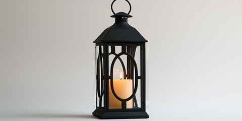 A black metal lantern with a lit candle inside, placed on a flat surface against a plain white background. The lantern has an intricate design with circular