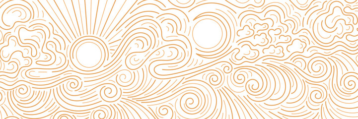 Sun, moon, cloud pattern, bg. Line sea, ocean wave