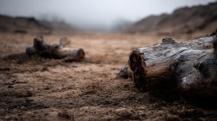 A barren deforested landscape with fallen tree trunks and stumps on the ground long title This image depicts a desolate arid landscape with fallen