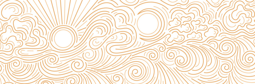 Sun, moon, cloud pattern, bg. Line sea, ocean wave