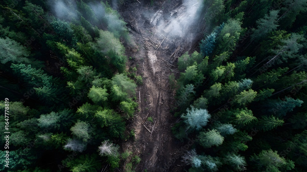 Poster aerial view of forest cleared for logging