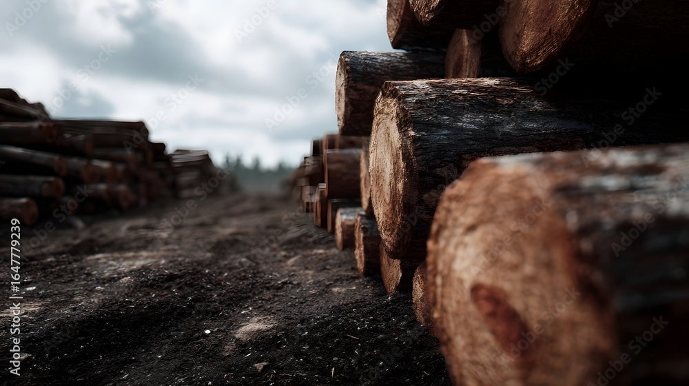 Poster stacks of freshly cut logs at a remote logging site