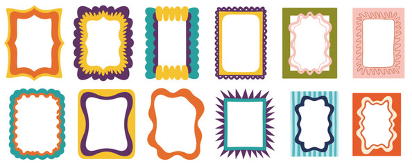 Collection of vibrant colourful doodle frames with various scalloped, diverse shapes, wavy and abstract borders. vector illustration	