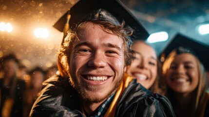 Obraz premium A group of happy graduates celebrate their accomplishments, showcasing beaming smiles and graduation caps, embodying the spirit of achievement and friendship at memorable milestones.