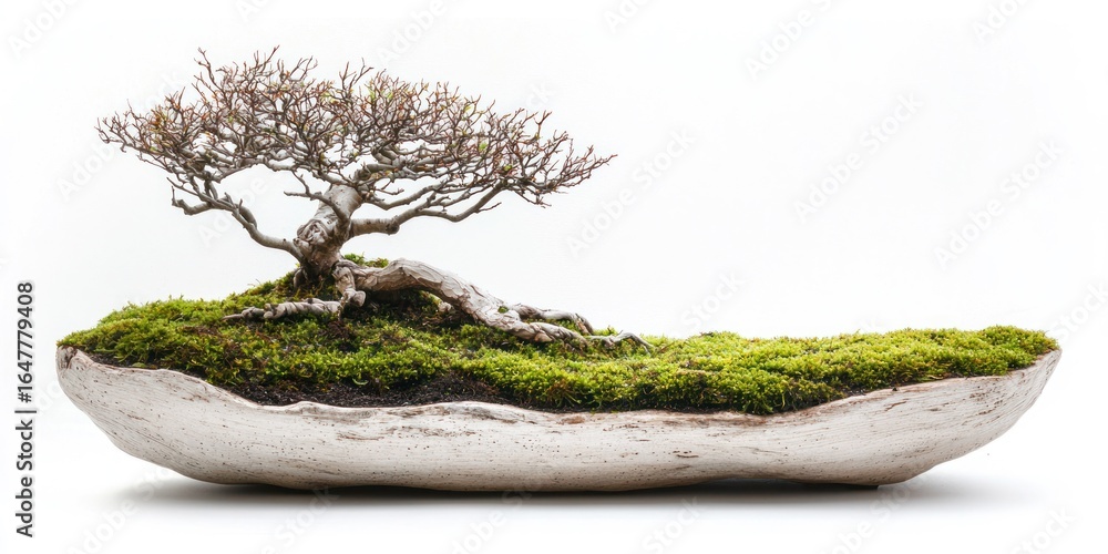 Poster a bonsai tree with sparse branches and intricate root system, placed on a moss-covered stone. the tr