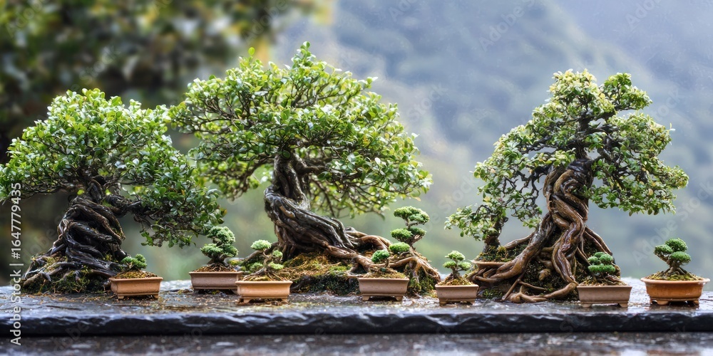 Poster a row of meticulously crafted bonsai trees displayed on a stone surface, surrounded by lush greenery
