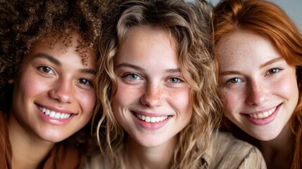 A joyful portrait of three friends smiling and enjoying each other's company, capturing the essence of friendship, connection, and happiness in human relationships.