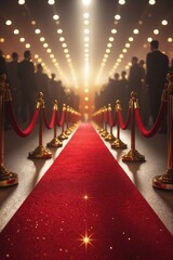 Exclusive Red Carpet Event Entrance with Golden Stanchions and Bright Spotlights