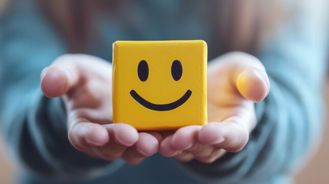 A person holding a yellow smiley face block in their hands, with a blurred background.