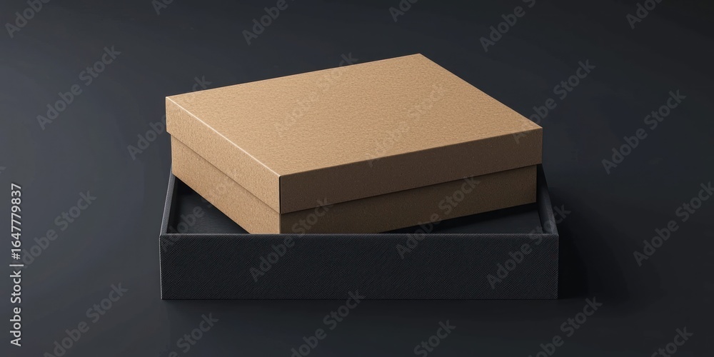Poster A closed cardboard box resting on a larger open box against a dark background. The boxes have a textured surface and are positioned in a minimalist setting.
