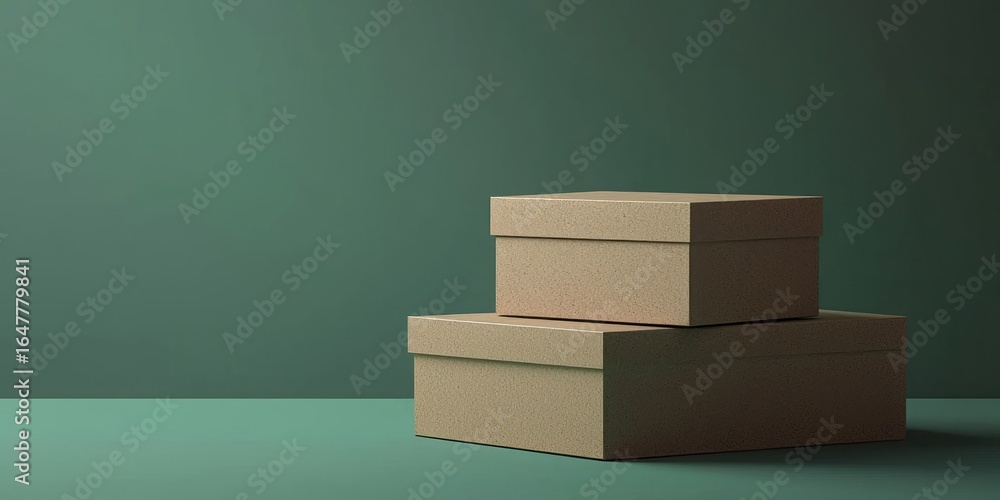 Poster three stacked cardboard boxes on a plain green surface against a solid green background. the boxes a