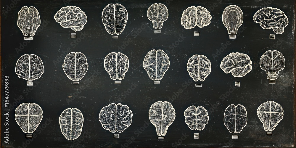 Poster a blackboard with multiple white brain diagrams arranged in rows and columns. the diagrams are detai