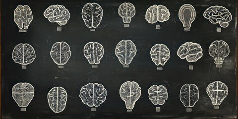 A blackboard with multiple white brain diagrams arranged in rows and columns. The diagrams are detailed and vary in style, suggesting educational or scientific content.