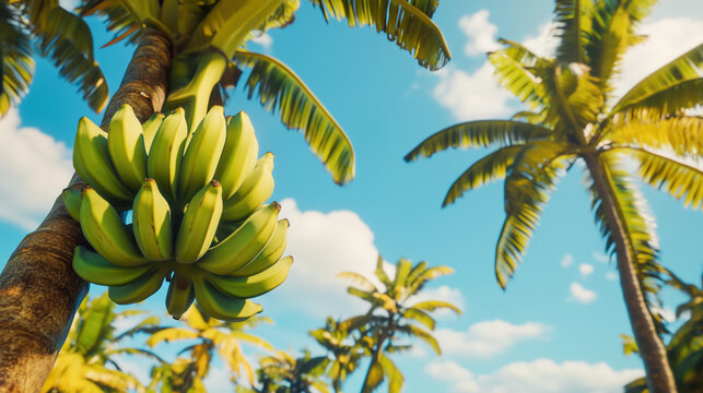 Ripe bananas hanging amidst tropical palm trees under a vivid blue sky.