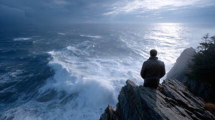 A solitary figure stands on a rocky cliff, gazing at the vast, turbulent sea under a dramatic sky, capturing a moment of contemplation and natural beauty.