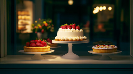 Delicious strawberry cakes on display in a bakery window at night.