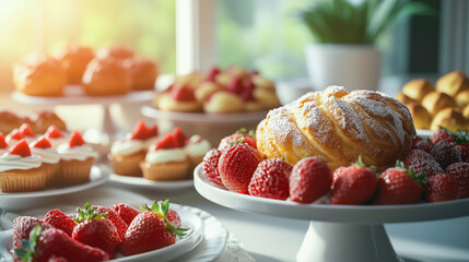 Assorted pastries and strawberries on a sunlit table.