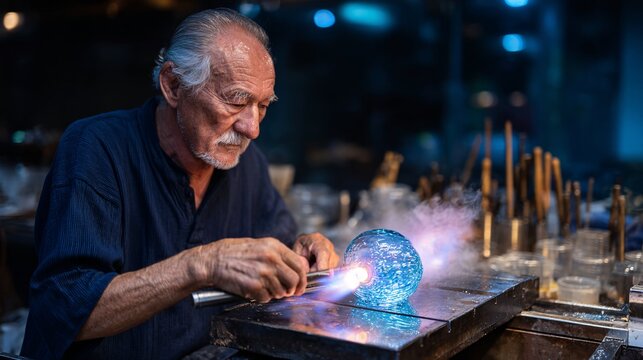 An artisan carefully crafts a glass sculpture using a torch in a workshop, surrounded by tools and bluish lighting ambiance.