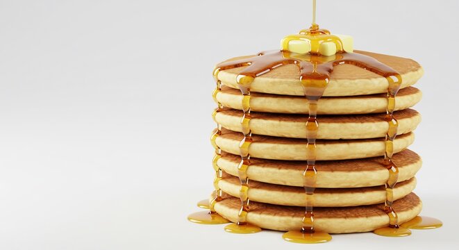 Piles dor�es de pancakes moelleux arros�s de sirop ambr� lumi�re douce. AI Generated