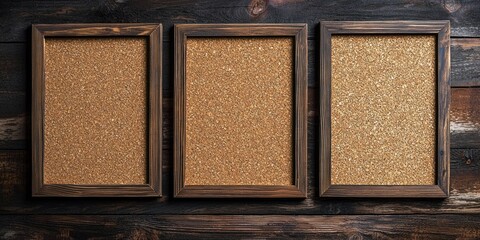 Fototapeta premium Three empty corkboards framed in dark wood, arranged side by side against a rustic wooden wall. The boards are blank, suggesting a space for notes or messages.