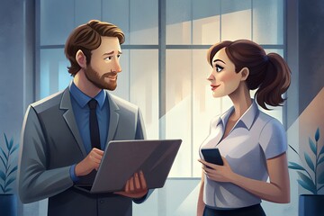 Two colleagues discussing work in a modern office setting