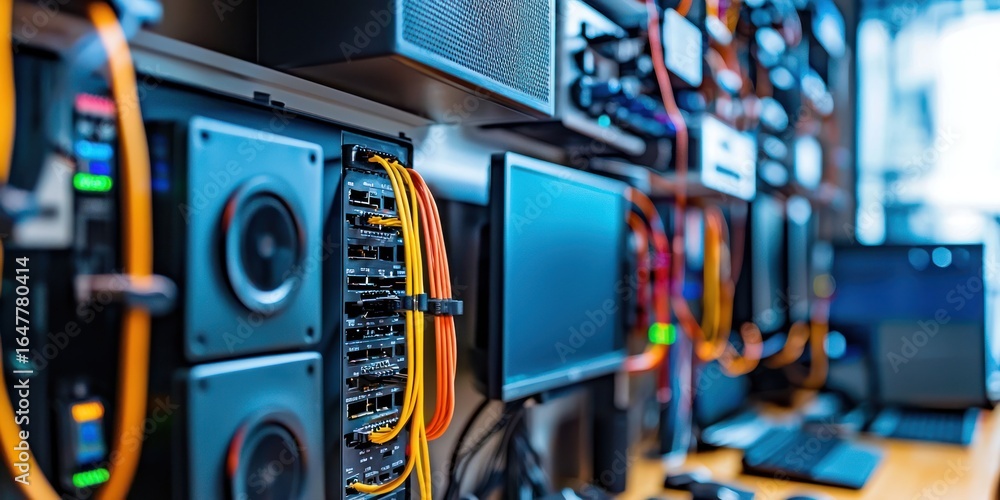 Poster servers and computer equipment in a data center with cables and monitors. the setting is indoors, wi