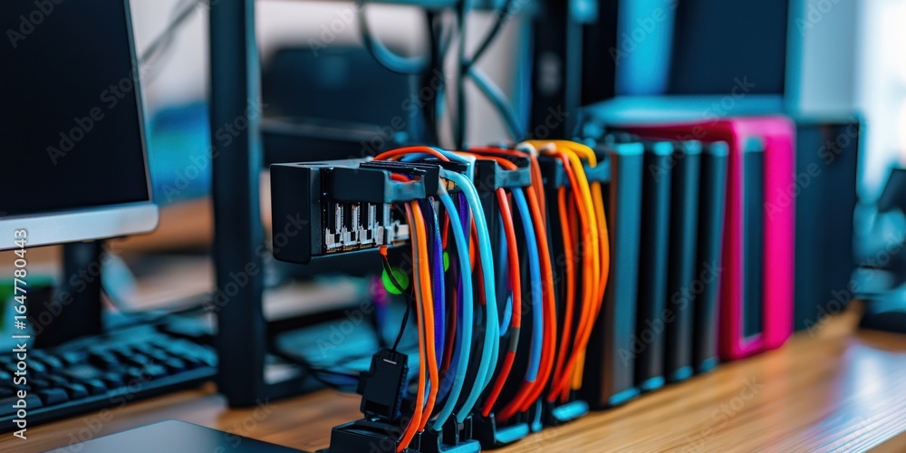 Aufkleber a desk setup with multiple computer monitors, colorful cables organized in a holder, and a row of ex