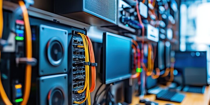 Servers and computer equipment in a data center with cables and monitors. The setting is indoors, with a focus on technology and infrastructure. 