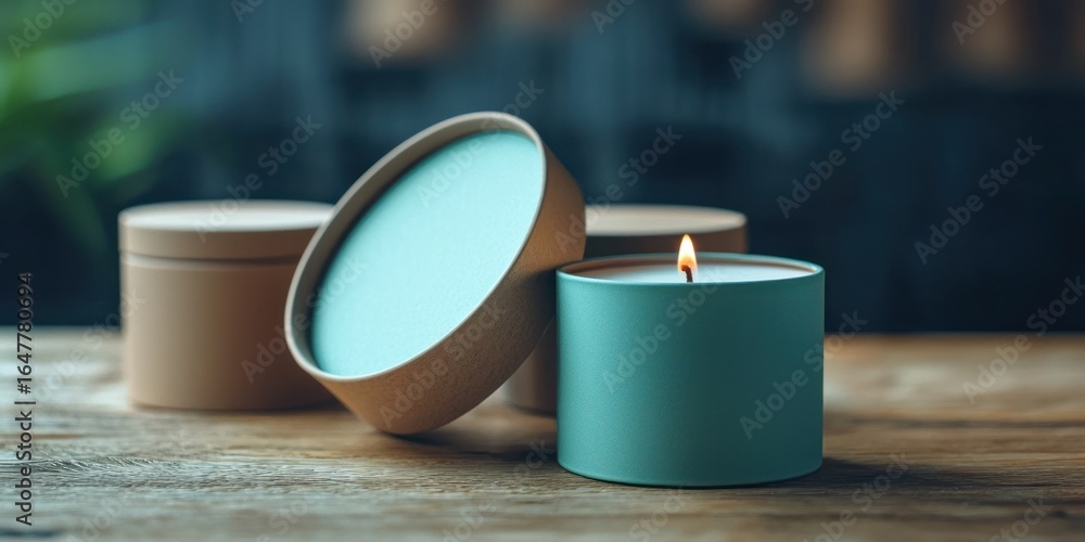Poster a teal candle with a lit wick sits on a wooden surface, with its cardboard box partially open in the