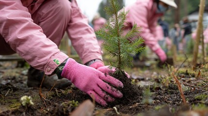 People planting a small tree in a forest during a reforestation event, environmental efforts