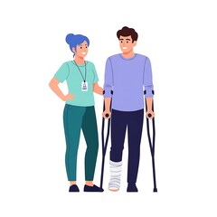 Healthcare Professional Assisting Man with Leg Injury on Crutches