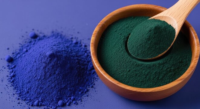 Vibrant Blue and Green Superfood Powders with Wooden Spoon on Blue Background