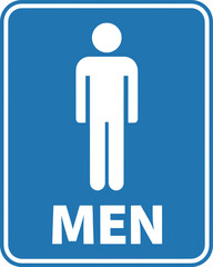 Blue mens restroom sign with male symbol isolated on white background, indicating the location of the public toilet facility