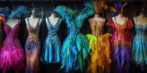 Fototapeta premium Mannequins display vibrant, feathered costumes against a dark backdrop. The dresses are ornate, featuring sequins, feathers, and colorful fabrics. 