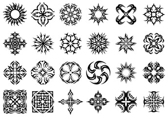 Diverse tribal-style tattoos designs collection with various symmetrical patterns, geometric shapes and stylized organic forms for decorative art. vector illustration	