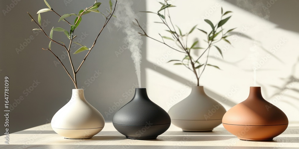Poster four modern aroma diffusers in different colors placed on a light surface with natural light and sha