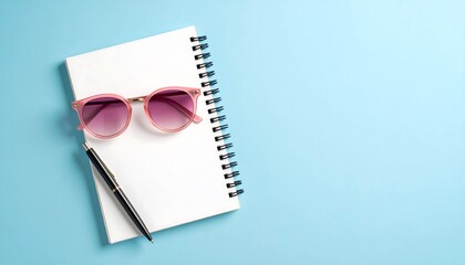 Pastel desk flatlay with sunglasses and notebook arranged in minimalist workspace aesthetic showcasing modern lifestyle accessories and creative organization inspiration.

