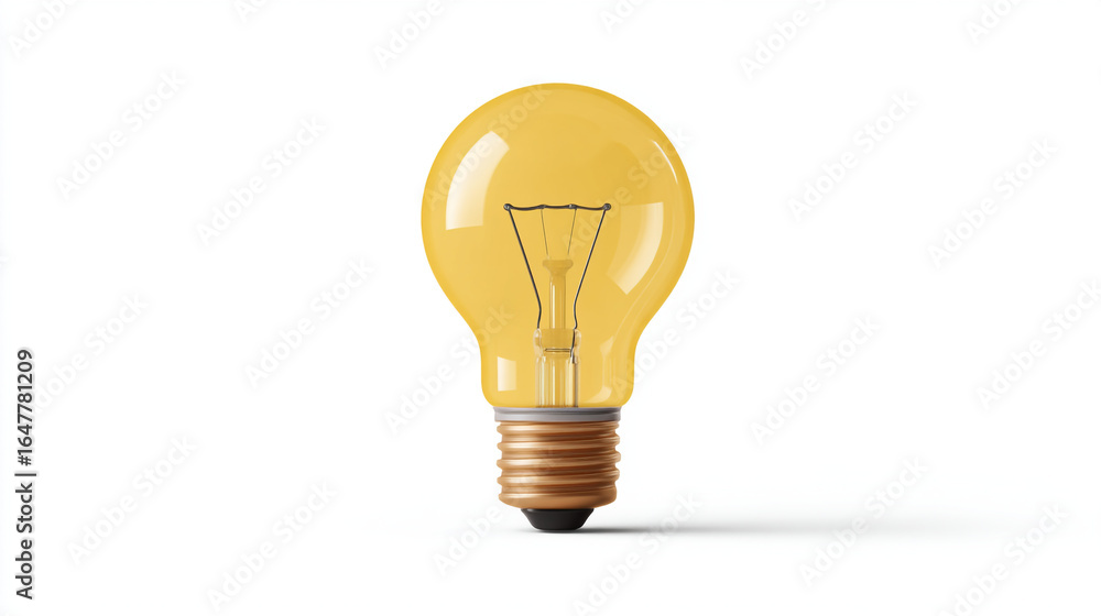 Poster a close up shot of a lit up yellow light bulb with a white background in a studio setting