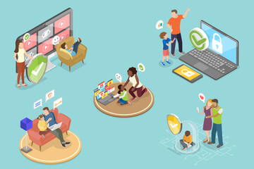 3D Isometric Flat Vector Illustration of Internet Cyber Safety, Parental Control