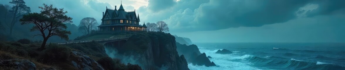 Fototapeta premium A grand, gothic-style house sits dramatically on a cliff overlooking a stormy sea, windswept trees surrounding it Perfect for mystery, thriller, or fantasy themes , trees, house, ocean