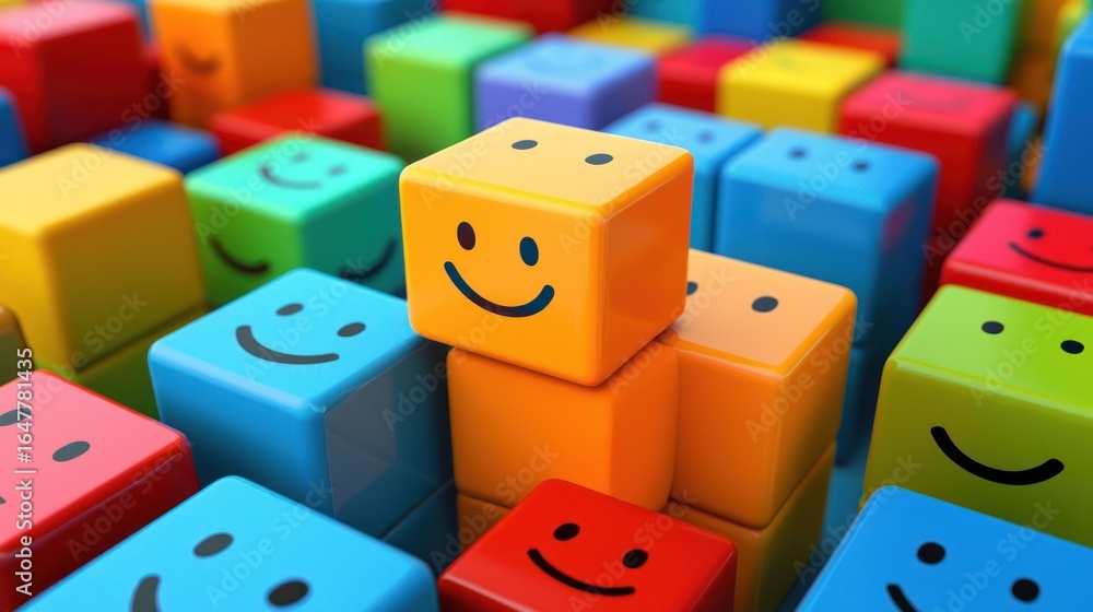 Poster colorful blocks with smiley faces stacked in a playful arrangement. the blocks are vibrant and varie