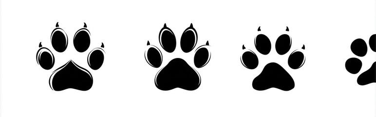 Vector graphic logo of three different cat feet prints, simple shapes and lines, vector graphics, white background, monochrome, simple shapes,