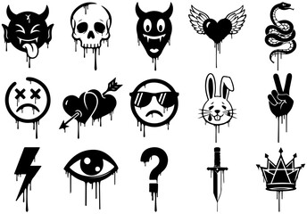 Drip-style graffiti tattoo design elements collection with various symbols like devil, skull, heart, snake, bunny, peace sign, lightning bolt, eye, question mark, dagger and crown. vector illustration