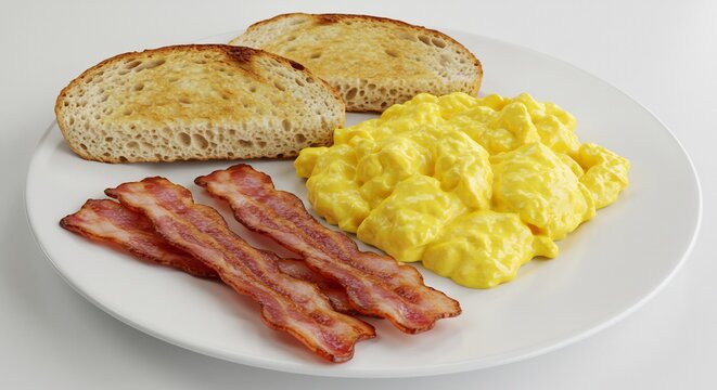 Petit dejeuner copieux �ufs brouill�s bacon dor� pain grill� lumi�re naturelle. AI Generated