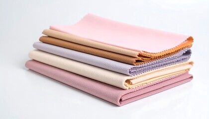 Pastel fabric swatches neatly stacked on clean white background showcasing textile design samples for fashion craft and interior inspiration.

